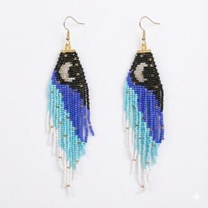 Western Style Seed Bead Earrings - Blue Moon Phase Fringe Dangles